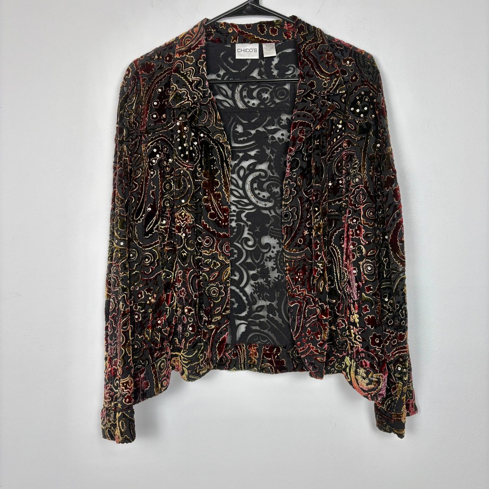 Chicos VTG Velvet Burnout Paisley Jacket Size 3 Sequin Silk Blend Y2K 90s Gothic
